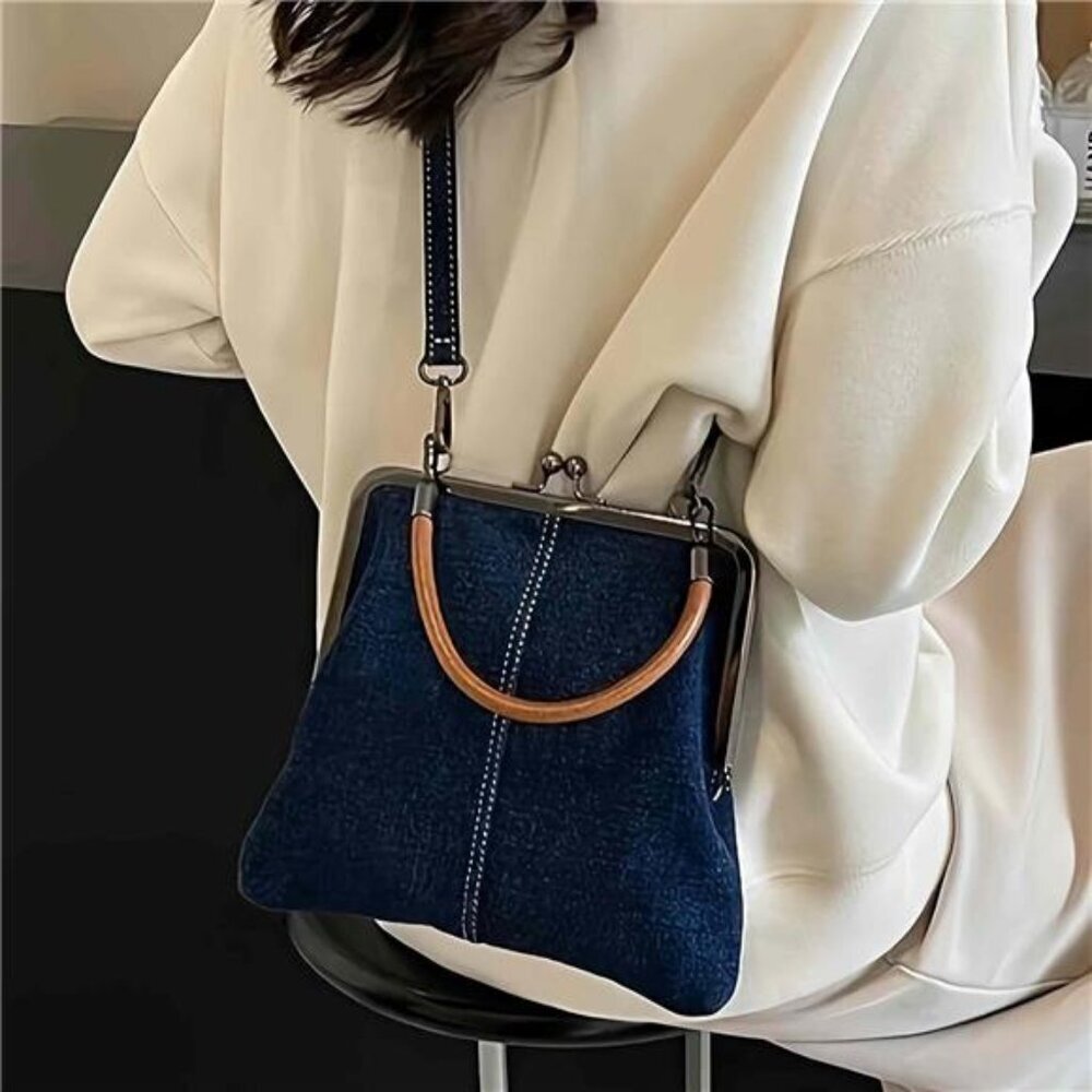 Denim Crossbody Tote Bags For Women, Mini Blue Denim Totebag Kiss Lock Purses - Picture 6 of 7